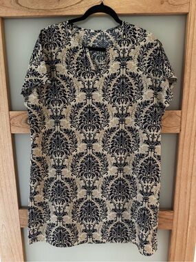 Elegant Cream dress with navy blue Damask Pattern